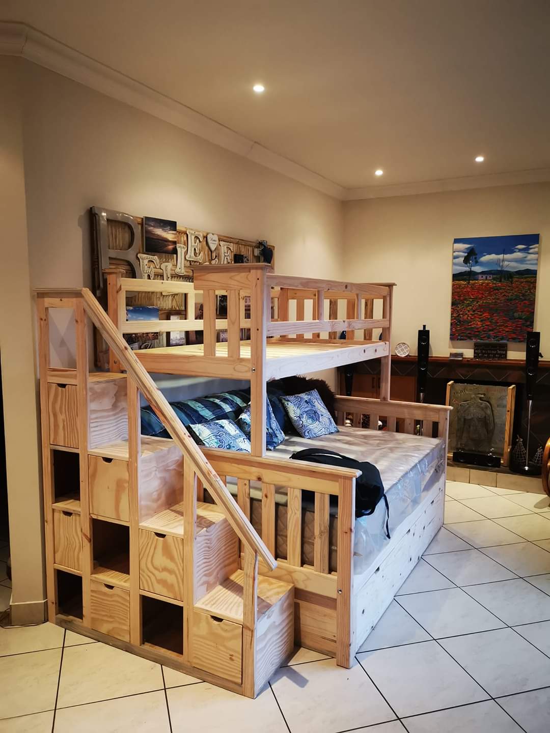 CHRISTINE TRI BUNK WITH SHELF/STORAGE STAIRCASE · Bed and Pine Furniture