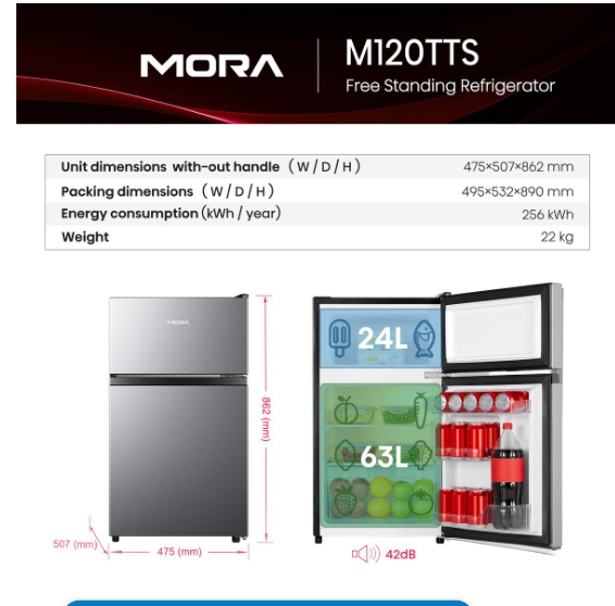 Mora 87L Top Mount freezer fridge with Adjustable Shelves Mora M120tts