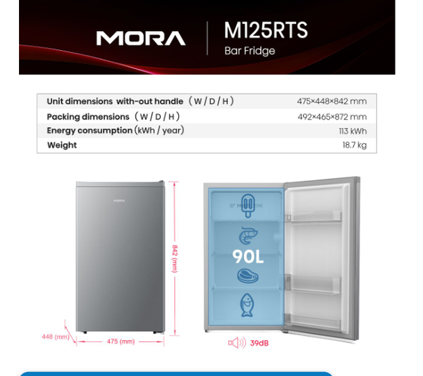 Mora 90L Bar Fridge with A+ Energy Saving, Big Capacity- Titanium Silver Mora M125rts