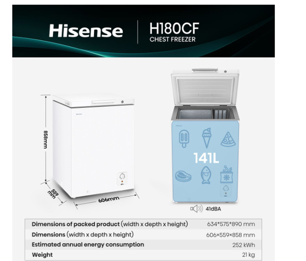 Hisense 141L Chest Freezer with Seamless Frame and Boundless Door - White Hisense H180cf