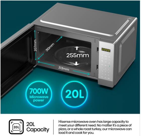 Hisense 20L 700W Digital Microwave Oven with 6 Preset Menus - Mirror Silver Hisense H20moms15