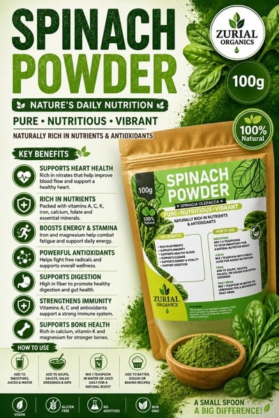 ZURIAL Organics™ Spinach Powder – 100g