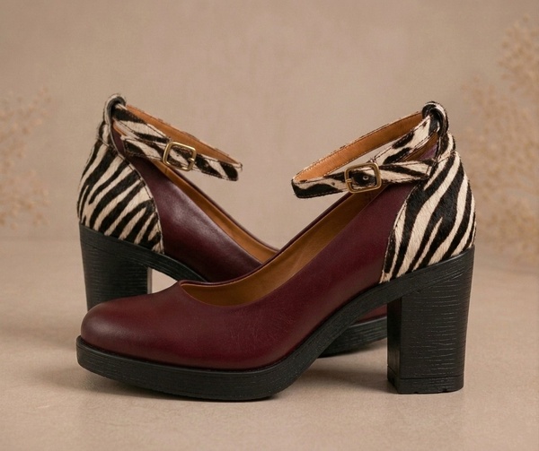 Nala Zebra Platform Heels, Burgundy