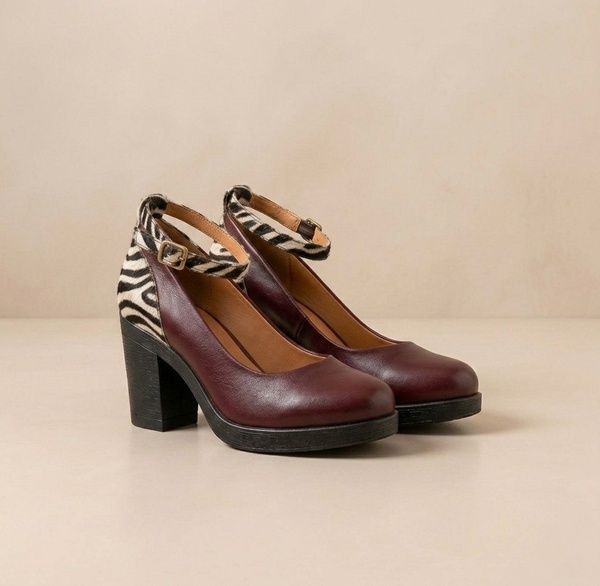 Nala Zebra Platform Heels, Burgundy