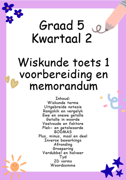 Graad 5 Kwartaal 2 Wiskunde Toets 1 voorbereiding en memorandum 2026