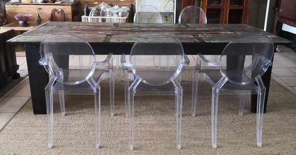 Reclaimed Textured Eight Seater Dining Table & Set of Six Transparent Polycarbonate "Ghost" Chairs