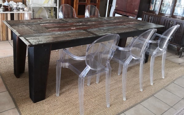 Reclaimed Textured Eight Seater Dining Table & Set of Six Transparent Polycarbonate "Ghost" Chairs