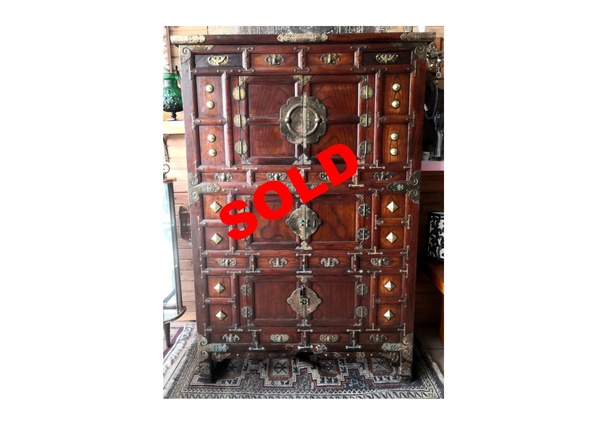 20th-century Korean Fruitwood Cabinet with Gilt-metal Hardware