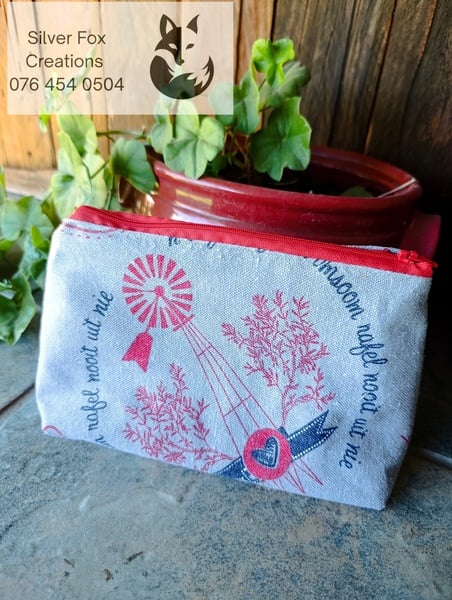 Cosmetic Lined Zipper Pouch Grey and Red windmills