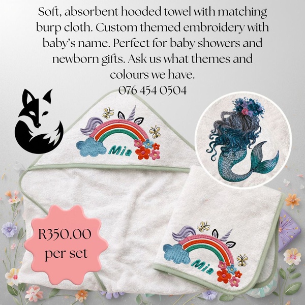 Embroidered hooded towel and burp cloth set for Baby