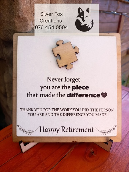 Retirement plaque on stand