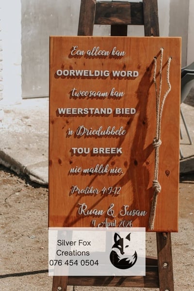 A3 Pine Wedding signage in Afrikaans
