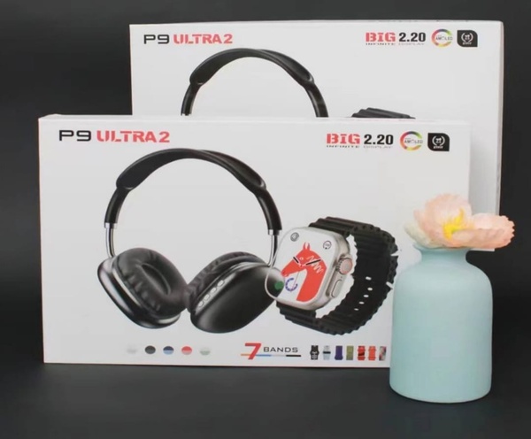 P9 Ultra 2 Smart Watch Set with Wireless TWS Headphones and 7 Strap