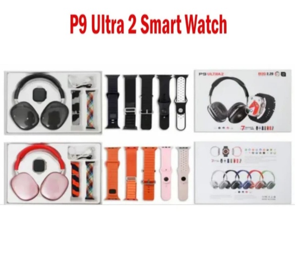 P9 Ultra 2 Smart Watch Set with Wireless TWS Headphones and 7 Strap