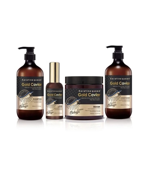 Keratine queen Gold Caviar Shampoo, Conditioner, Serum & Hair Mask Set