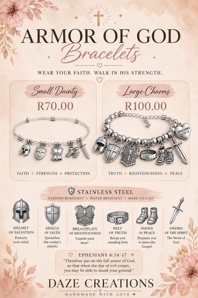 Armor of God Stainless Steel Bracelets available in small charms and large charms.