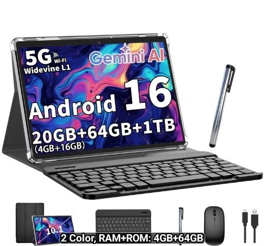 Android 16 Tablet 10 Inch, 20GB (4GB + 16GB) RAM 64GB ROM + 1TB Expandable, Quad-Core CPU 5G