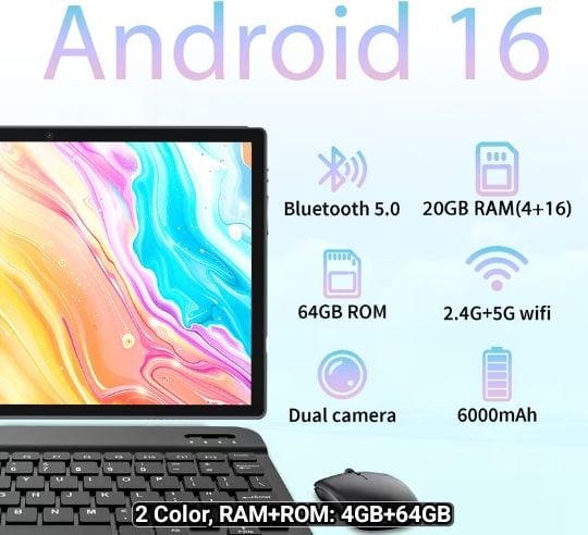 Android 16 Tablet 10 Inch, 20GB (4GB + 16GB) RAM 64GB ROM + 1TB Expandable, Quad-Core CPU 5G