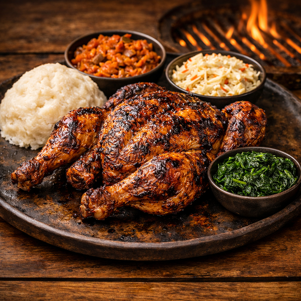 A full flame‑grilled chicken, seasoned to perfection and served hot off the grill. Juicy on the inside, crispy on the outside — the ultimate braai cla