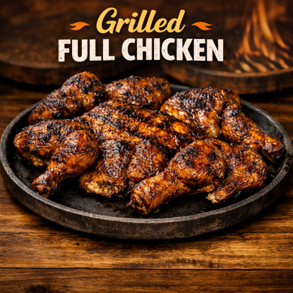 A full flame‑grilled chicken, seasoned to perfection and served hot off the grill. Juicy on the inside, crispy on the outside — the ultimate braai cla