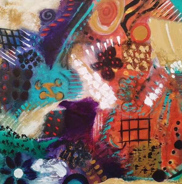 This vibrant abstract piece presents a lively mix of colors and shapes that invite curiosity and imagination.