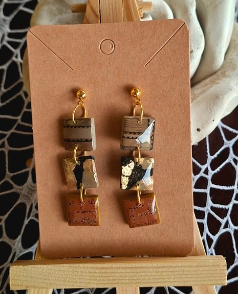Vintage Gold polymer clay 3 tier square earrings with gold ball stud