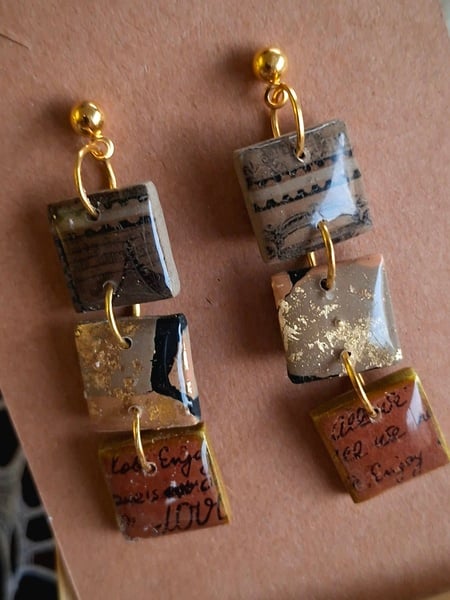 Vintage Gold polymer clay 3 tier square earrings with gold ball stud