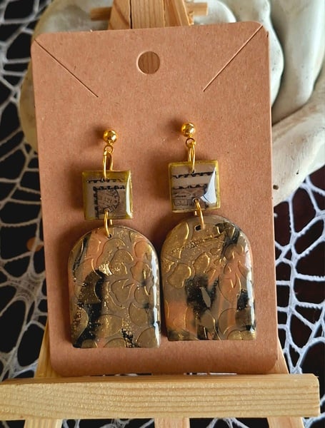 Vintage Gold polymer clay 2 tier dome earrings with gold ball stud