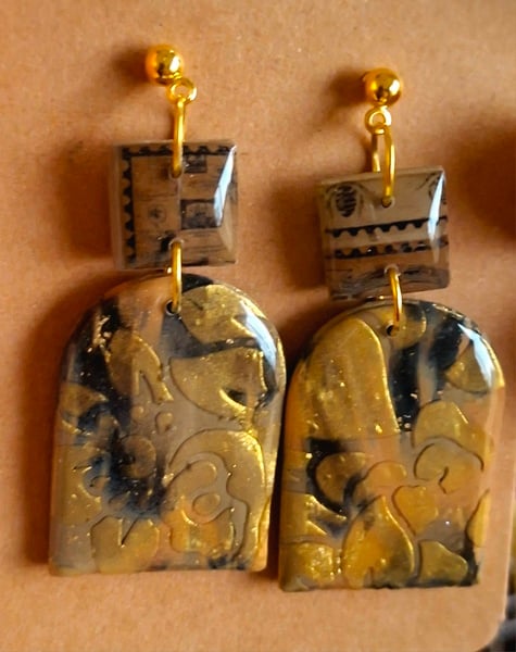 Vintage Gold polymer clay 2 tier dome earrings with gold ball stud