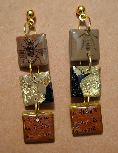 Vintage Gold polymer clay 3 tier square earrings with gold ball stud
