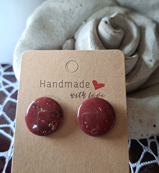 Scarlet touched by Gold Polymer Clay Round Stud Earrings