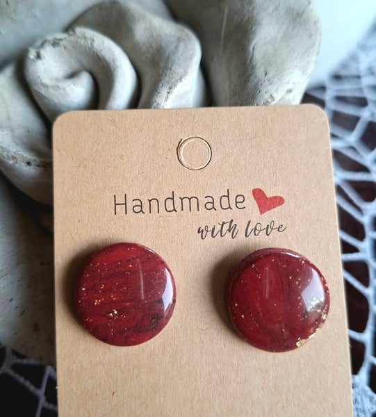 Scarlet touched by Gold Polymer Clay Round Stud Earrings