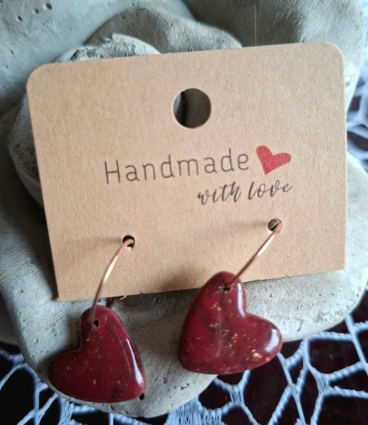 Scarlet gold polymer clay heart small hoop earrings