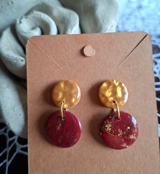 Scarlet gold round stud polymer clay earrings