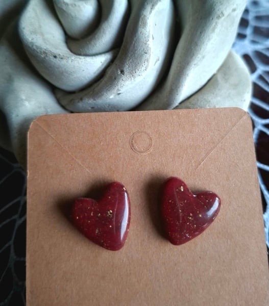 Scarlet gold heart stud polymer clay earrings