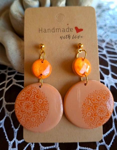 Mandarin Sunset Polymer Clay earrings 2 tier gold ball stud round mandala