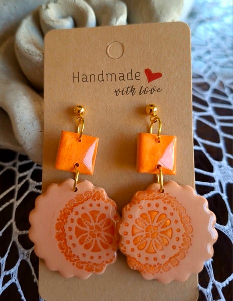 Mandarin Sunset Polymer Clay earrings 2 tier gold ball stud square mandala