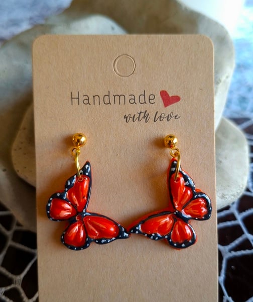 Monarch Butterfly gold ball stud polymer clay earrings