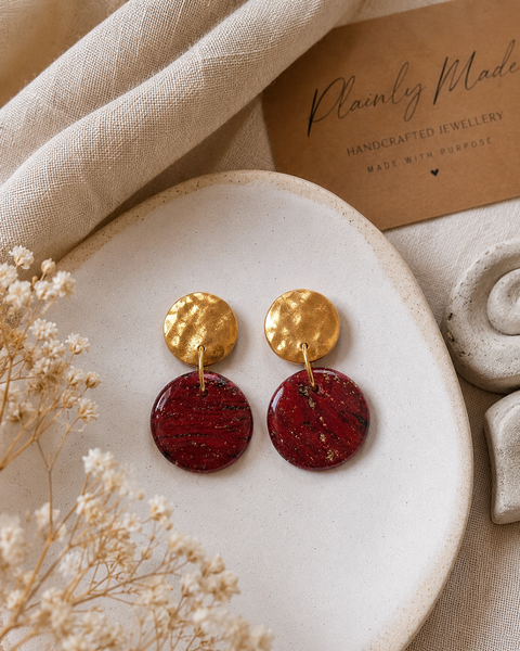 Scarlet gold round stud polymer clay earrings