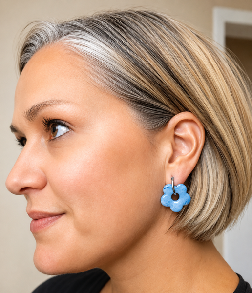 Blue Genes Flower stainless steel hoop Polymer Clay Earrings