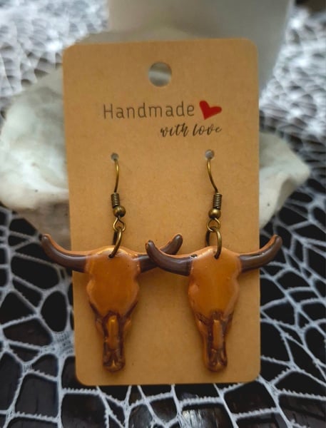 Longhorn rustic polymer clay dangle earrings with bronze-tone