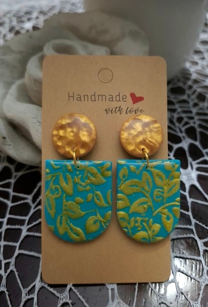 Turquoise Gold floral arch Polymer Clay Earrings - Embossed with gold accents on arch