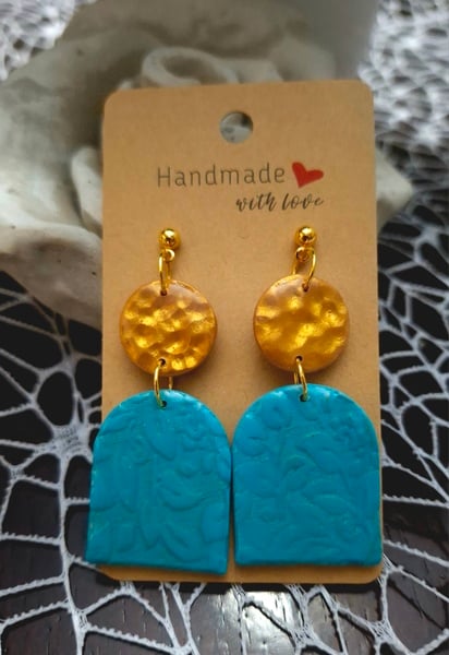 Turquoise Gold plain boho floral embossed arch Polymer Clay Earrings
