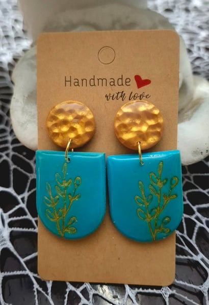 Turquoise Gold boho gold floral embossed arch Polymer Clay Earrings with gold stud findings