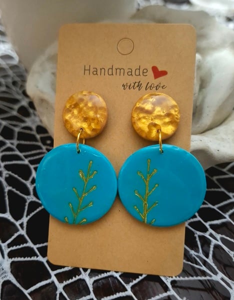 Turquoise Gold boho gold floral embossed round Polymer Clay Earrings with gold stud findings
