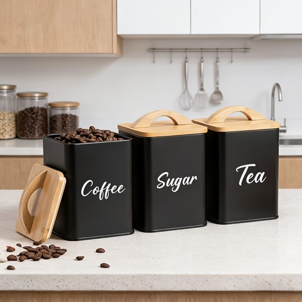 4-Piece Bread Bin & Canister Set with Bamboo Handles – Premium Kitchen Collection