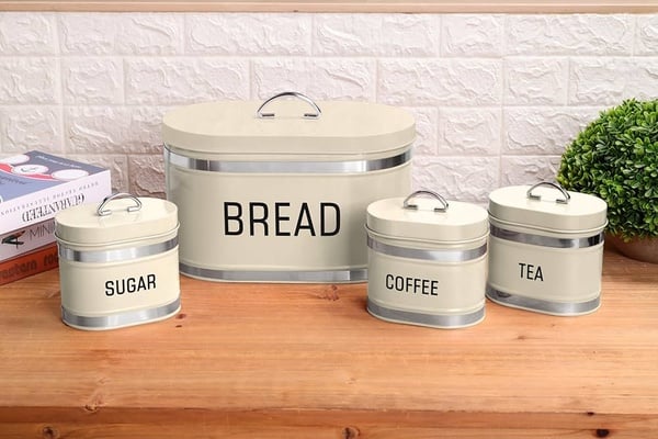 4-Piece Kitchen Storage Collection – Bread Bin & Tea, Coffee & Sugar Canister Set