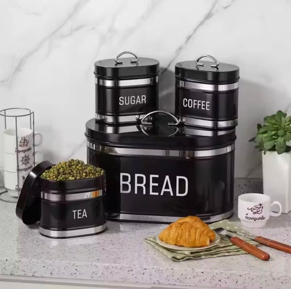 4-Piece Kitchen Storage Collection – Bread Bin & Tea, Coffee & Sugar Canister Set
