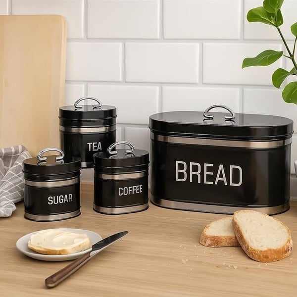 4-Piece Kitchen Storage Collection – Bread Bin & Tea, Coffee & Sugar Canister Set