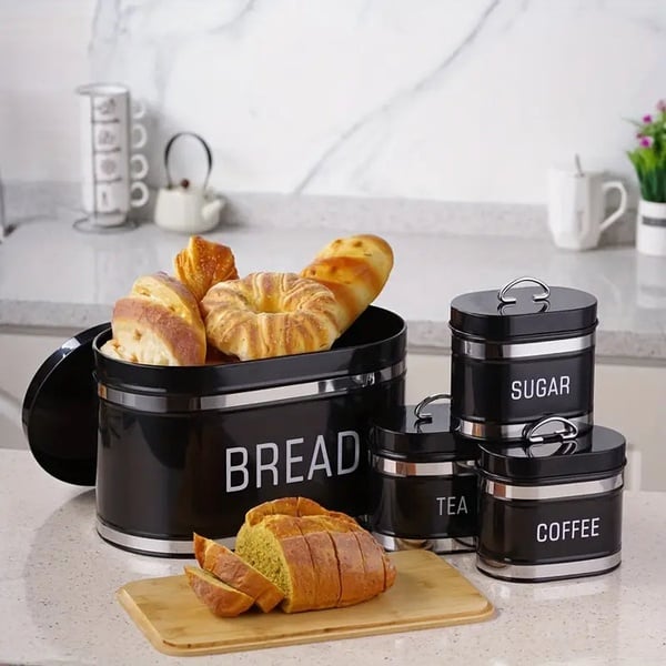 4-Piece Kitchen Storage Collection – Bread Bin & Tea, Coffee & Sugar Canister Set